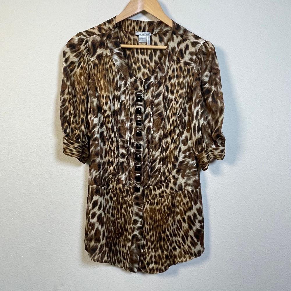 Alberto Makali Silk Leopard Blouse Women L Mob Wife Brown Beaded V-Neck Top Y2K